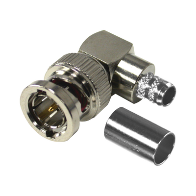 [N4-RFB-1710-Q-192406] Conector BNC Macho en Ángulo Recto para 75 Ohm, Anillo Plegable en Cable Coaxial RG-6/U, Grupo Q, Níquel/ Oro/ Teflón.