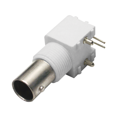 [N4-RFB-1712-W-192430] Conector BNC Hembra en Ángulo Recto para PCB, Postes y Patas, Cuerpo Termoplástico Blanco, Níquel/ Oro/ Polipropileno.