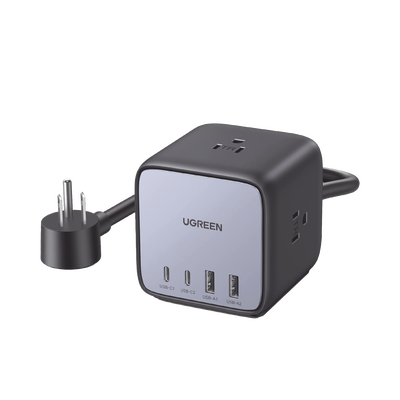 [N4-40861-215479] Multicontacto de Escritorio USB y Tomacorriente / 2 Puertos USB-C / 2 Puertos USB-A / 3 Tomacorriente de CA / Tecnología GaN II / USB 65W PD / Carga Rápida / Diseño Innovador en Forma de Cubo / Interruptor de Apagado.
