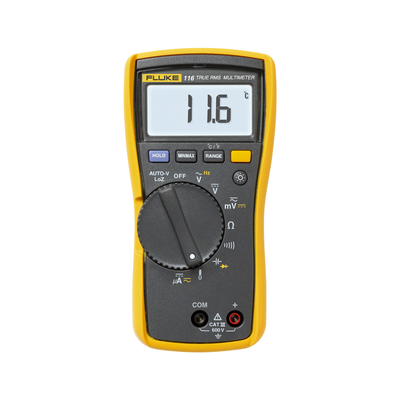 [N4-FLUKE-116/CAL-235120] Multímetro Digital para Electricista, con Termómetro Integrado para Aplicaciones HVAC, Uso con Voltaje Máximo de 600 V, Pantalla LED Retroiluminada. Incluye Certificado de Calibración