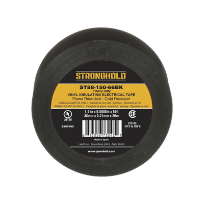 [N4-ST88-150-66BK-174920] Cinta Eléctrica STRONGHOLD para Aislar, de PVC, Trabajo Pesado Eléctrico Industrial (Soporta UV, abrasión, agua, aceite y corrosión), Grosor de 0.21 mm (8.5 mil), Ancho de 38 mm, y 20 m de Largo, Uso Interior/Exterior, Color Ne