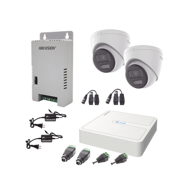[N4-HL-1080P-2E-TWA-241687] Kit HiLook Audio Bidireccional TurboHD 1080p / DVR 4 Canales / 2 Cámaras Turret (Exterior) con Bocina y Microfóno Integrado / 2 Fuentes de Poder / Accesorios