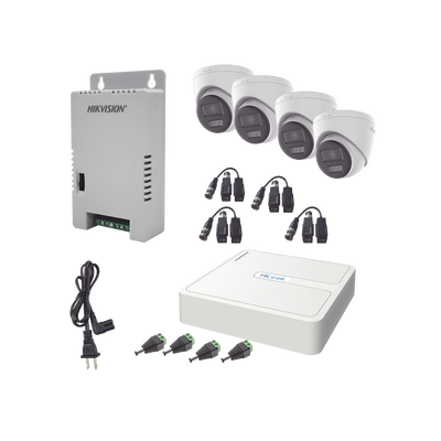 [N4-HL-1080P-4E-TWA-241684] Kit HiLook Audio Bidireccional TurboHD 1080p / DVR 4 Canales / 4 Cámaras Eyeball (Exterior) con Bocina y Microfóno Integrado / 1 Fuente de Poder / Accesorios
