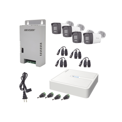[N4-HL-1080P-4B-TWA-241685] Kit HiLook Audio Bidireccional TurboHD 1080p / DVR 4 Canales / 4 Cámaras Bala (Exterior) con Bocina y Micrófono Integrado / 1 Fuente de Poder / Accesorios